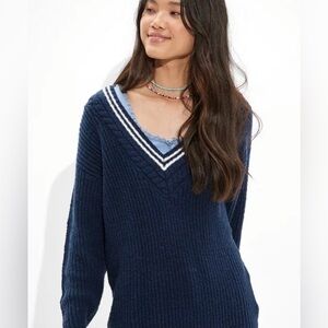 American Eagle Womens V Neck Knit Sweater XS  Blue White Tennis Ribbed Cozy